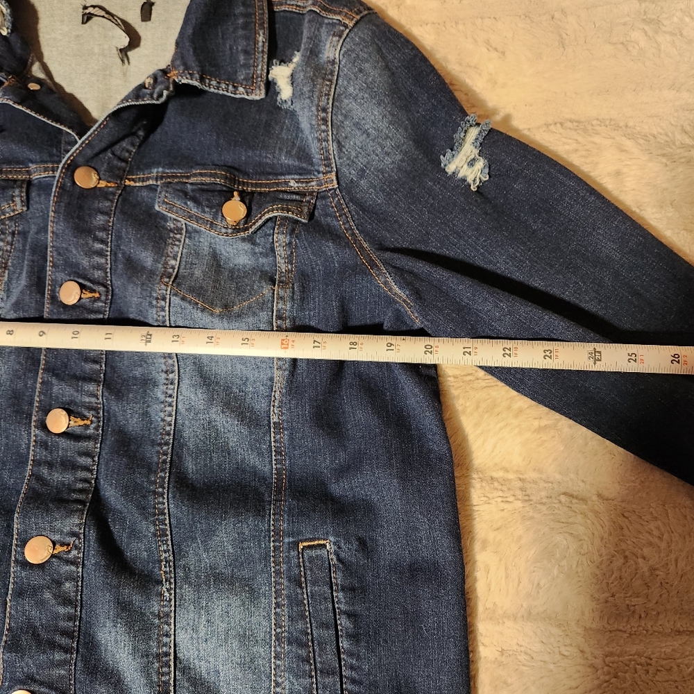 Dollhouse Womens Sz 1X Denim Jacket Blue Distressed Dark Wash Stretch Pockets - Picture 4 of 14